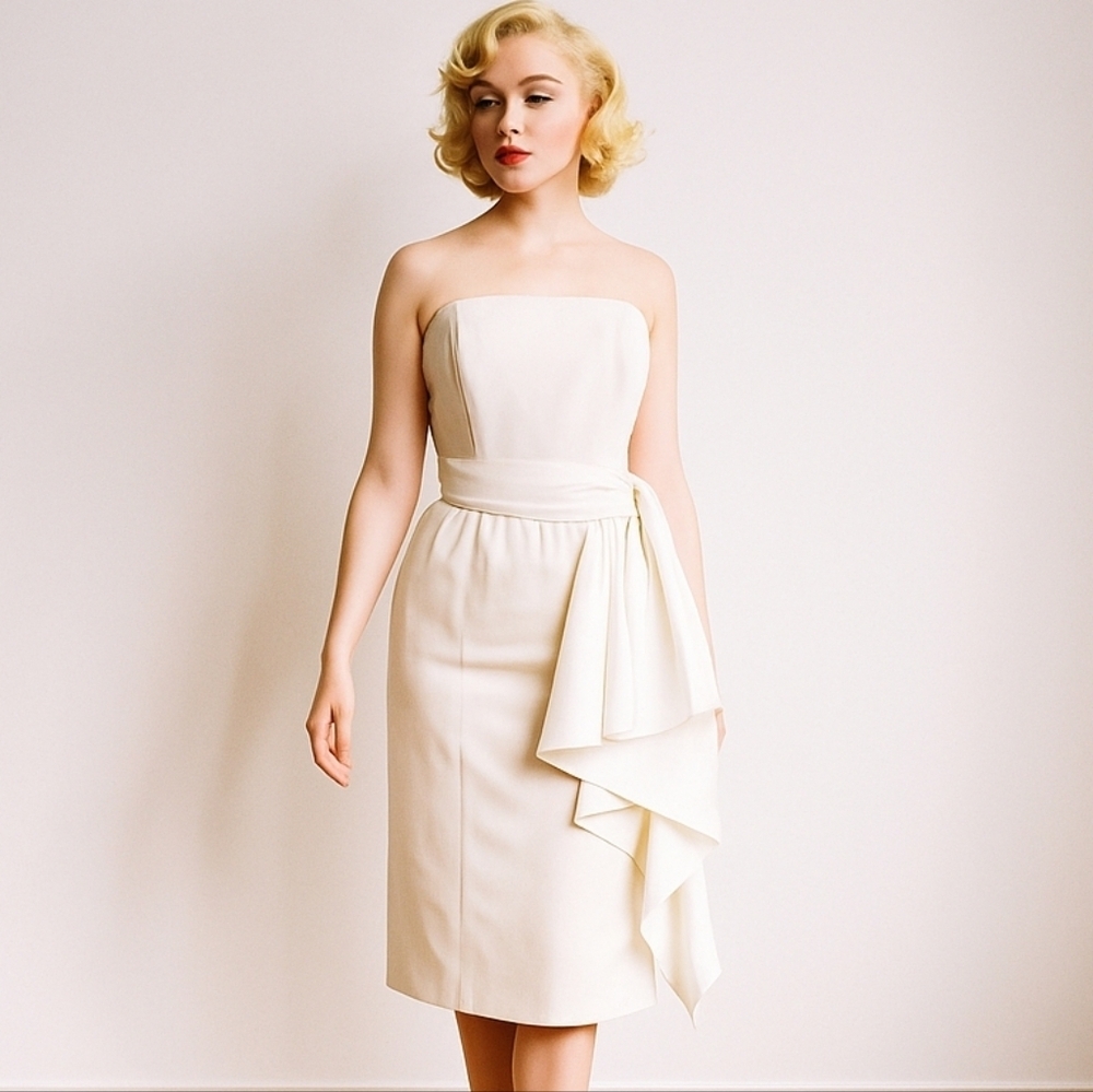 Vintage 70s Victor Costa Cream 3D Ruffle Strapless Midi Cocktail Bridal Dress 14